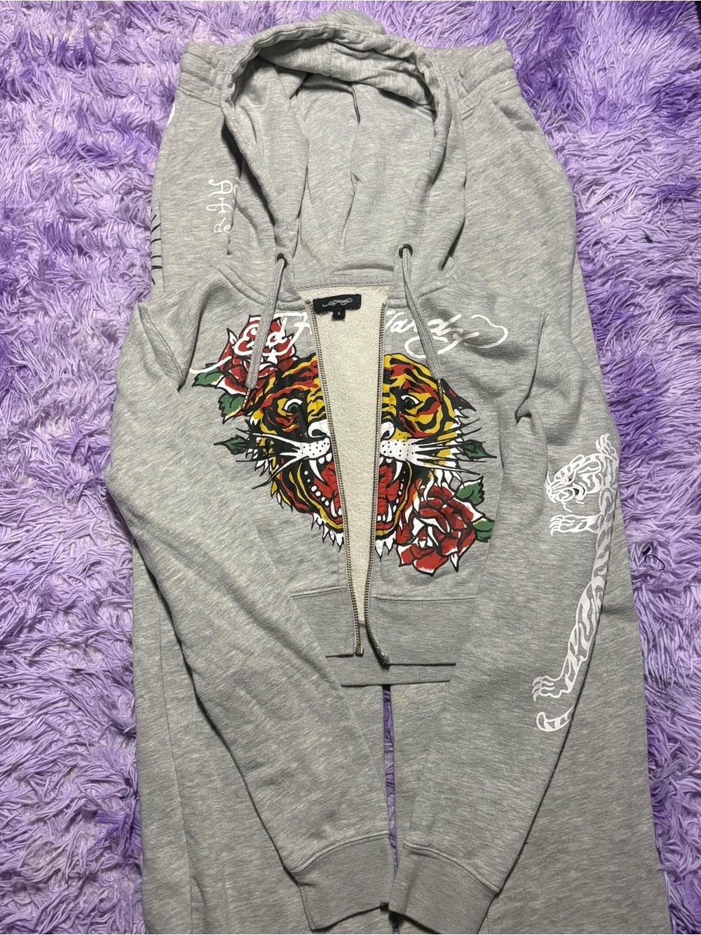 Gray Ed Hardy Graphic Tiger Zip-Up Hoodie Jacket and pants